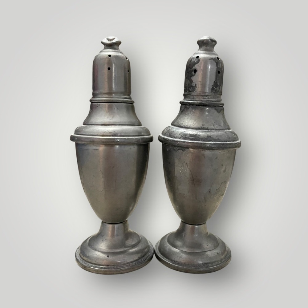 International Silver Pewter Salt Pepper Shakers Vintage Weighted Glass Insert